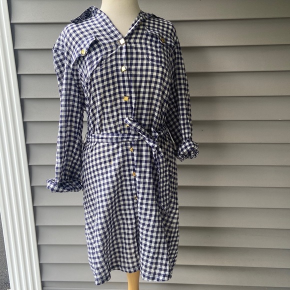 Tory Burch Dresses & Skirts - Tory Burch Blue Gingham Button Front Tie Shirt Dress